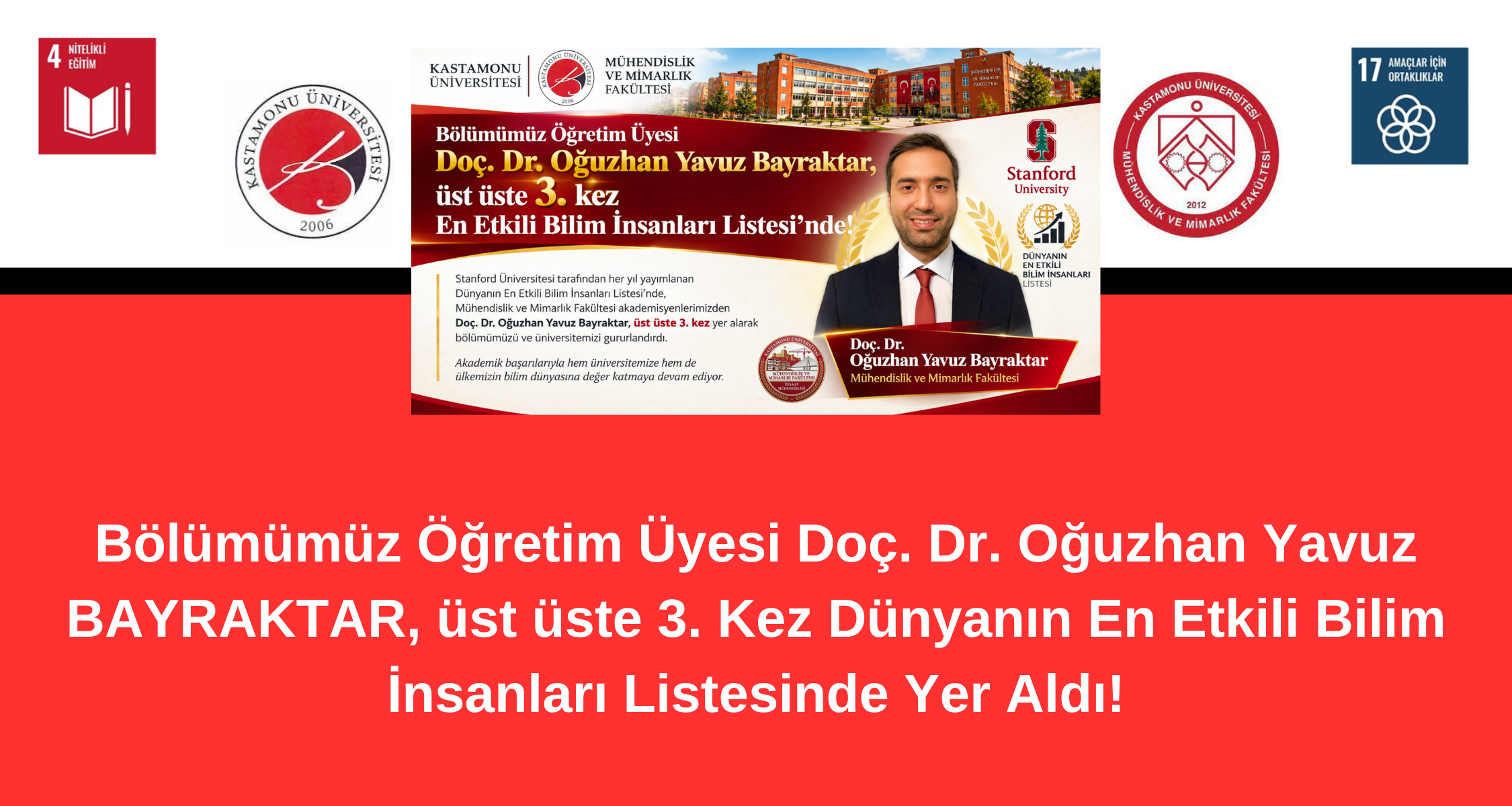 Bölümümüz Öğretim Üyesi Doç. Dr. Oğuzhan Yavuz BAYRAKTAR, Üst Üste 3. Kez Dünyanın En Etkili Bilim İnsanları Listesinde Yer Aldı